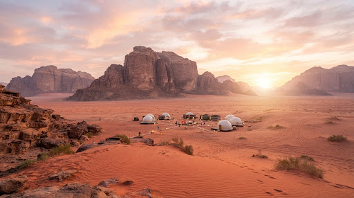Luxury dome camp beneath the sandstone cliffs of Wadi Rum at sunrise