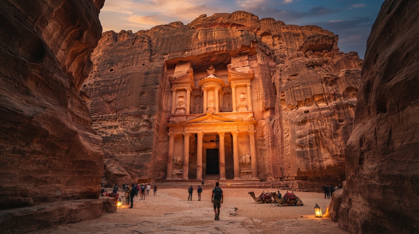 The Treasury at Petra glowing at dusk, framed by towering sandstone cliffs