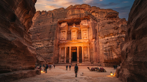 The Treasury carved into the rose-red cliffs of Petra
